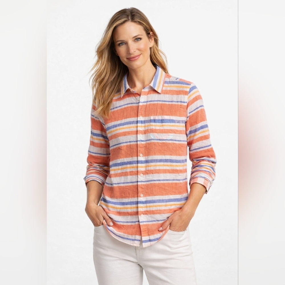 STYLE & CO. STRIPED & RUFFLED 100% COTTON BUTTON-DOWN LONG SLEEVE SHIRT SIZE‎ L
